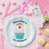 Cute Blue Cupcake met Kawaii Face Birthday Papieren Bordje (Feest)