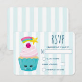 Cute Blue Cupcake met Kawaii Face Birthday RSVP Kaartje (Voorkant / Achterkant)