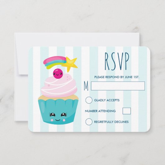 Cute Blue Cupcake met Kawaii Face Birthday RSVP Kaartje (Voorkant)
