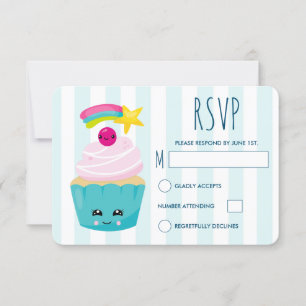 Cute Blue Cupcake met Kawaii Face Birthday RSVP Kaartje