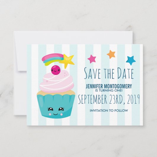Cute Blue Cupcake met Kawaii Face Birthday Save The Date (Voorkant)