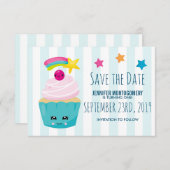 Cute Blue Cupcake met Kawaii Face Birthday Save The Date (Voorkant / Achterkant)