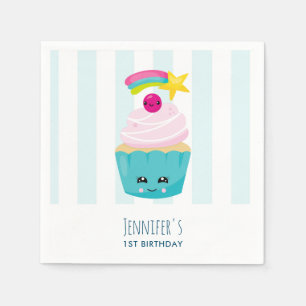 Cute Blue Cupcake met Kawaii Face Birthday Servet