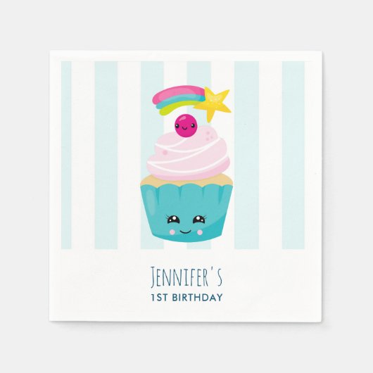 Cute Blue Cupcake met Kawaii Face Birthday Servet (Voorkant)