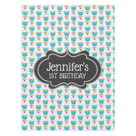 Cute Blue Cupcake met Kawaii Face Birthday Tafelkleed