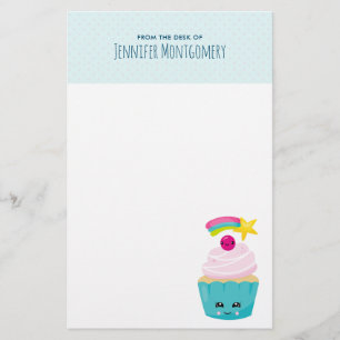 Cute Blue Cupcake met Kawaii Face Briefpapier