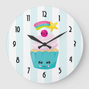 Cute Blue Cupcake met Kawaii Face Grote Klok