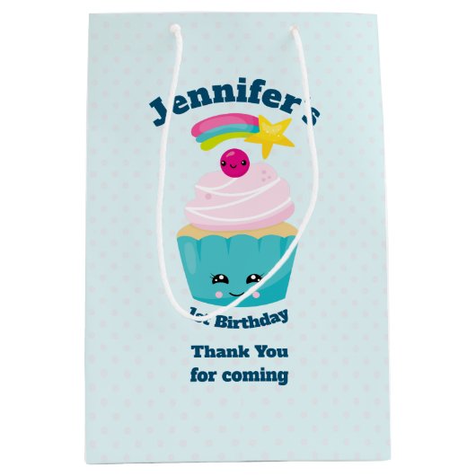 Cute Blue Cupcake met Kawaii Face Hartelijk dank Medium Cadeauzakje (Voorkant)