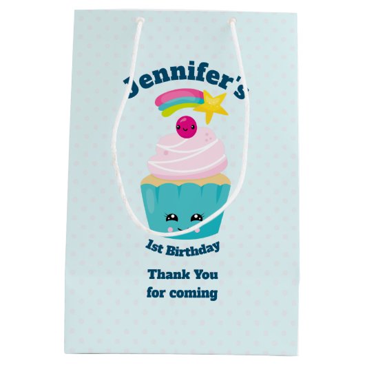 Cute Blue Cupcake met Kawaii Face Hartelijk dank Medium Cadeauzakje (Achterkant)