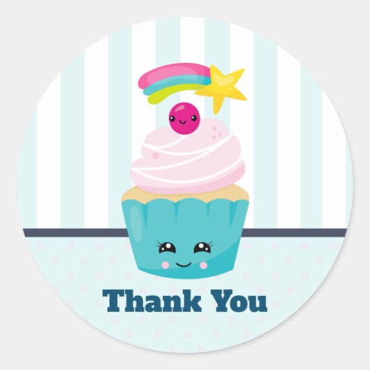 Cute Blue Cupcake met Kawaii Face Hartelijk dank Ronde Sticker (Voorkant)