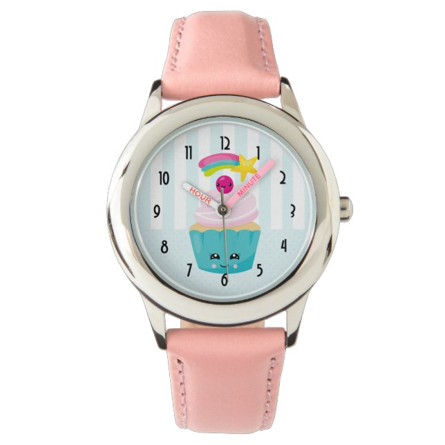 Cute Blue Cupcake met Kawaii Face Horloge (Voorkant)