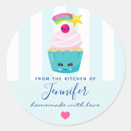 Cute Blue Cupcake met Kawaii Face Kitchen Ronde Sticker