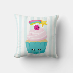 Cute Blue Cupcake met Kawaii Face Kussen