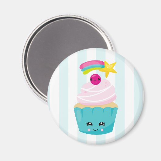 Cute Blue Cupcake met Kawaii Face Magneet (Voorkant / Achterkant)