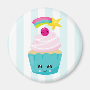 Cute Blue Cupcake met Kawaii Face Magneet