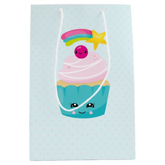 Cute Blue Cupcake met Kawaii Face Medium Cadeauzakje (Voorkant)