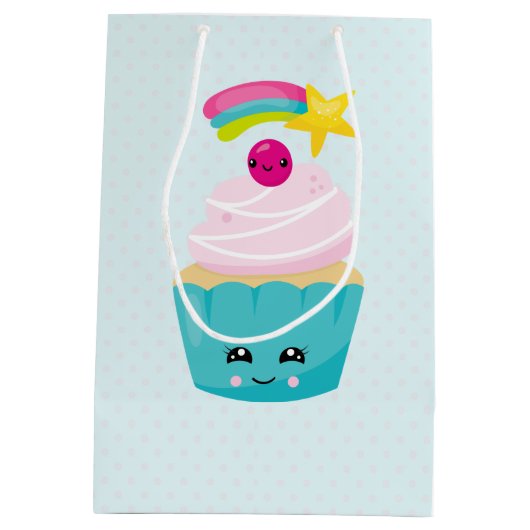 Cute Blue Cupcake met Kawaii Face Medium Cadeauzakje (Achterkant)