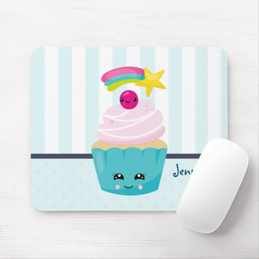 Cute Blue Cupcake met Kawaii Face Muismat (Met muis)