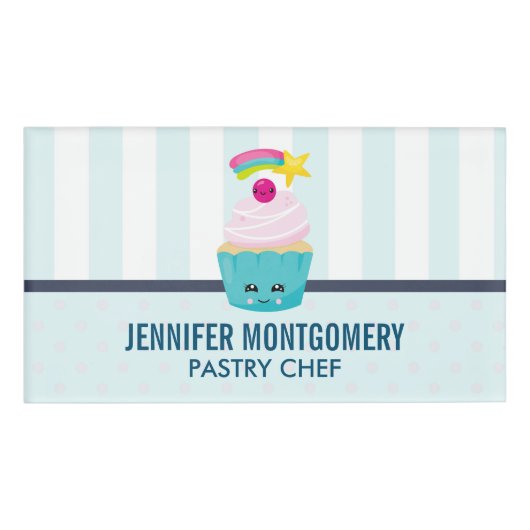 Cute Blue Cupcake met Kawaii Face Naambadge (Voorkant)