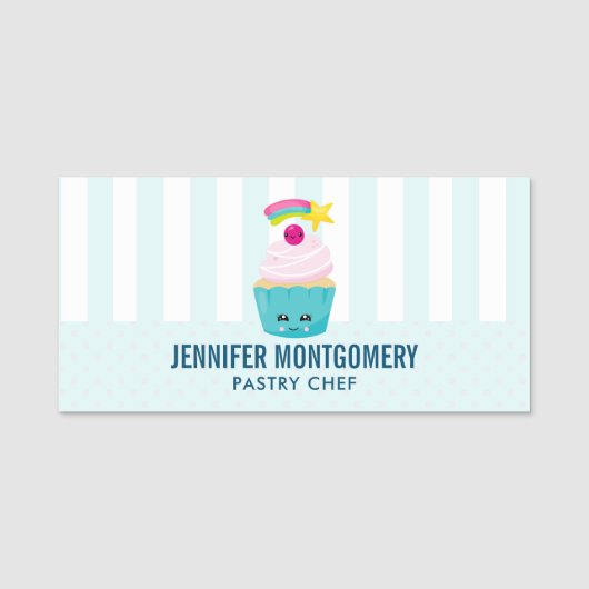 Cute Blue Cupcake met Kawaii Face Naamplaatje (Voorkant)