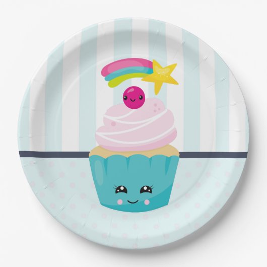 Cute Blue Cupcake met Kawaii Face Papieren Bordje (Voorkant)