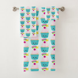 Cute Blue Cupcake met Kawaii Face Pattern Bad Handdoek