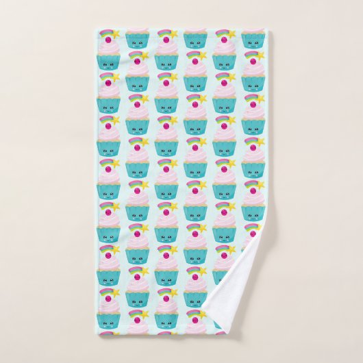 Cute Blue Cupcake met Kawaii Face Pattern Bad Handdoek (Handdoek)