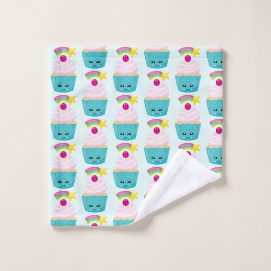 Cute Blue Cupcake met Kawaii Face Pattern Bad Handdoek (Wasdoekje)
