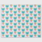 Cute Blue Cupcake met Kawaii Face Pattern Cadeaupapier (Vlak)