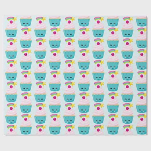 Cute Blue Cupcake met Kawaii Face Pattern Cadeaupapier (Vlak)