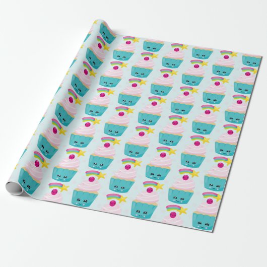 Cute Blue Cupcake met Kawaii Face Pattern Cadeaupapier (Uitgerold)