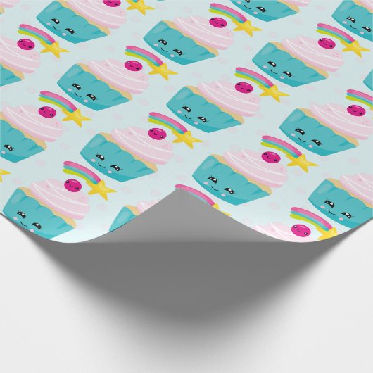 Cute Blue Cupcake met Kawaii Face Pattern Cadeaupapier (Hoek)