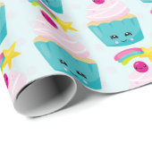 Cute Blue Cupcake met Kawaii Face Pattern Cadeaupapier (Rol Hoek)