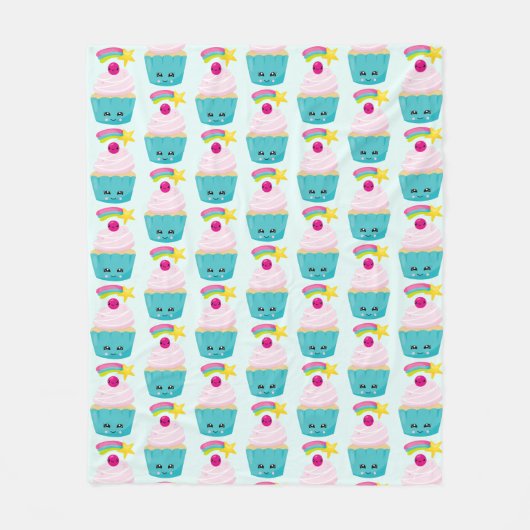 Cute Blue Cupcake met Kawaii Face Pattern Fleece Deken (Voorkant)