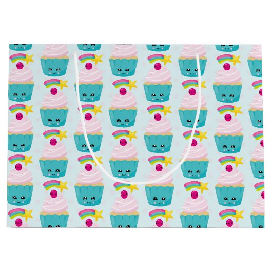 Cute Blue Cupcake met Kawaii Face Pattern Groot Cadeauzakje (Voorkant)