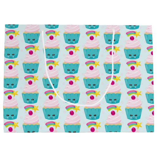 Cute Blue Cupcake met Kawaii Face Pattern Groot Cadeauzakje (Achterkant)