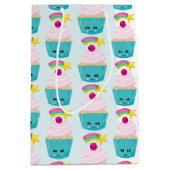 Cute Blue Cupcake met Kawaii Face Pattern Medium Cadeauzakje (Voorkant)