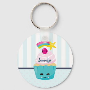 Cute Blue Cupcake met Kawaii Face Sleutelhanger
