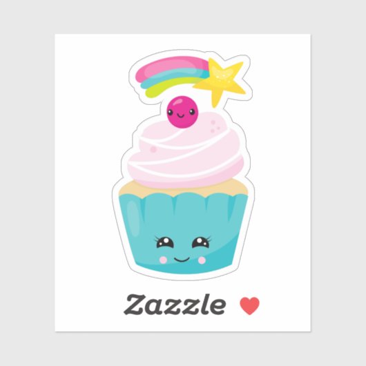 Cute Blue Cupcake met Kawaii Face Sticker (Vel)