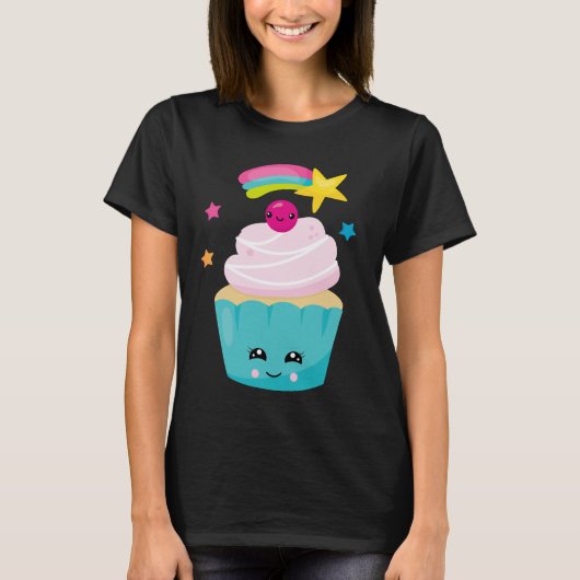 Cute Blue Cupcake met Kawaii Face T-shirt (Voorkant)