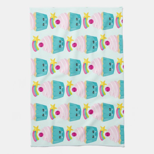 Cute Blue Cupcake met Kawaii Face Theedoek (Verticaal)