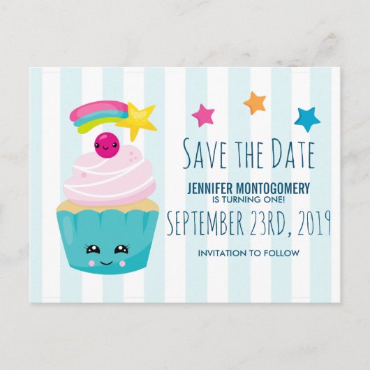 Cute Blue Cupcake Verjaardag Save the Date Briefkaart (Voorkant)