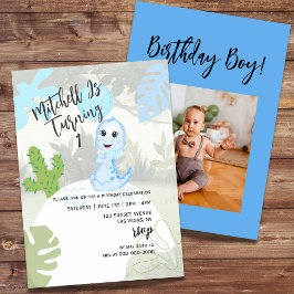 Cute Blue Dinosaur Ballon First Birthday Foto Kaart