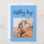 Cute Blue Dinosaur Ballon First Birthday Foto Kaart (Achterkant)