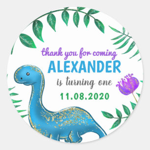 Cute Blue Dinosaur Birthday Party Dank u wel Ronde Sticker