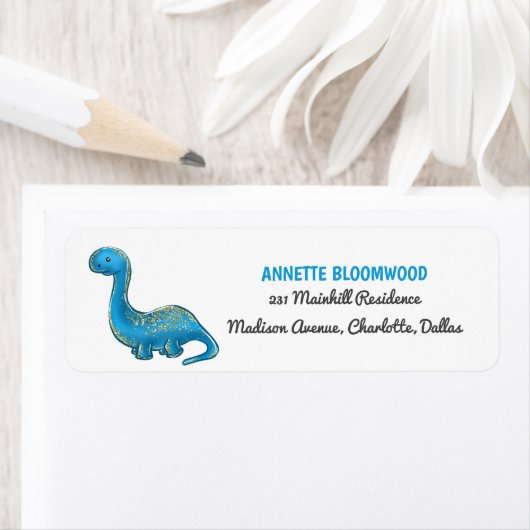 Cute Blue Dinosaur Birthday Party Etiket (Insitu)