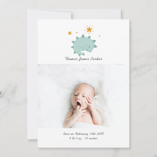Cute Blue Dinosaur Boy Baby Foto Birth Aankondiging (Voorkant)