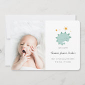 Cute Blue Dinosaur Boy Baby Foto Birth Aankondiging (Voorkant)