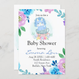 Cute Blue Dinosaur Floral Teacup Boy Baby shower Kaart