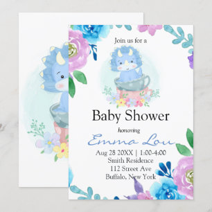 Cute Blue Dinosaur Floral Teacup Boy Baby shower Kaart